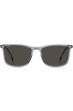 Transparent-blaue Sonnenbrille mit Logo auf den Bügeln