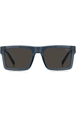 Transparent-blaue Sonnenbrille mit grauen Gläsern