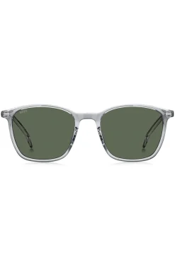 Transparent-graue Sonnenbrille mit Logo an den Bügeln