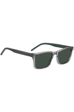 Transparent-graue Sonnenbrille mit gemusterten Bügeln