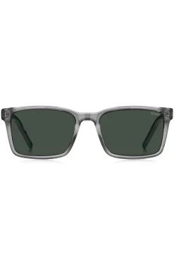 Transparent-graue Sonnenbrille mit gemusterten Bügeln