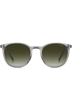 Transparent-graue Sonnenbrille mit grünem Logo