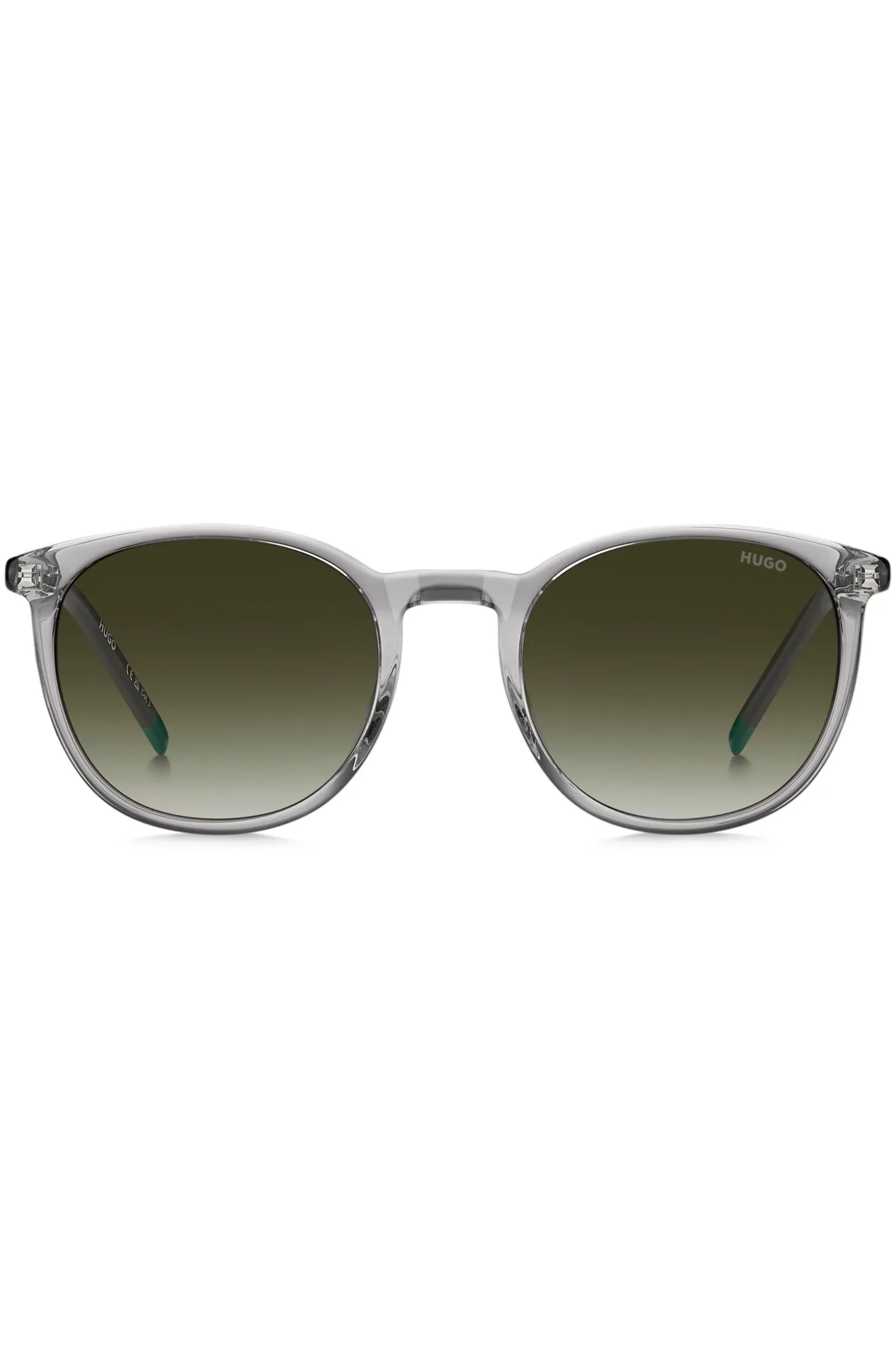 Transparent-graue Sonnenbrille mit grünem Logo