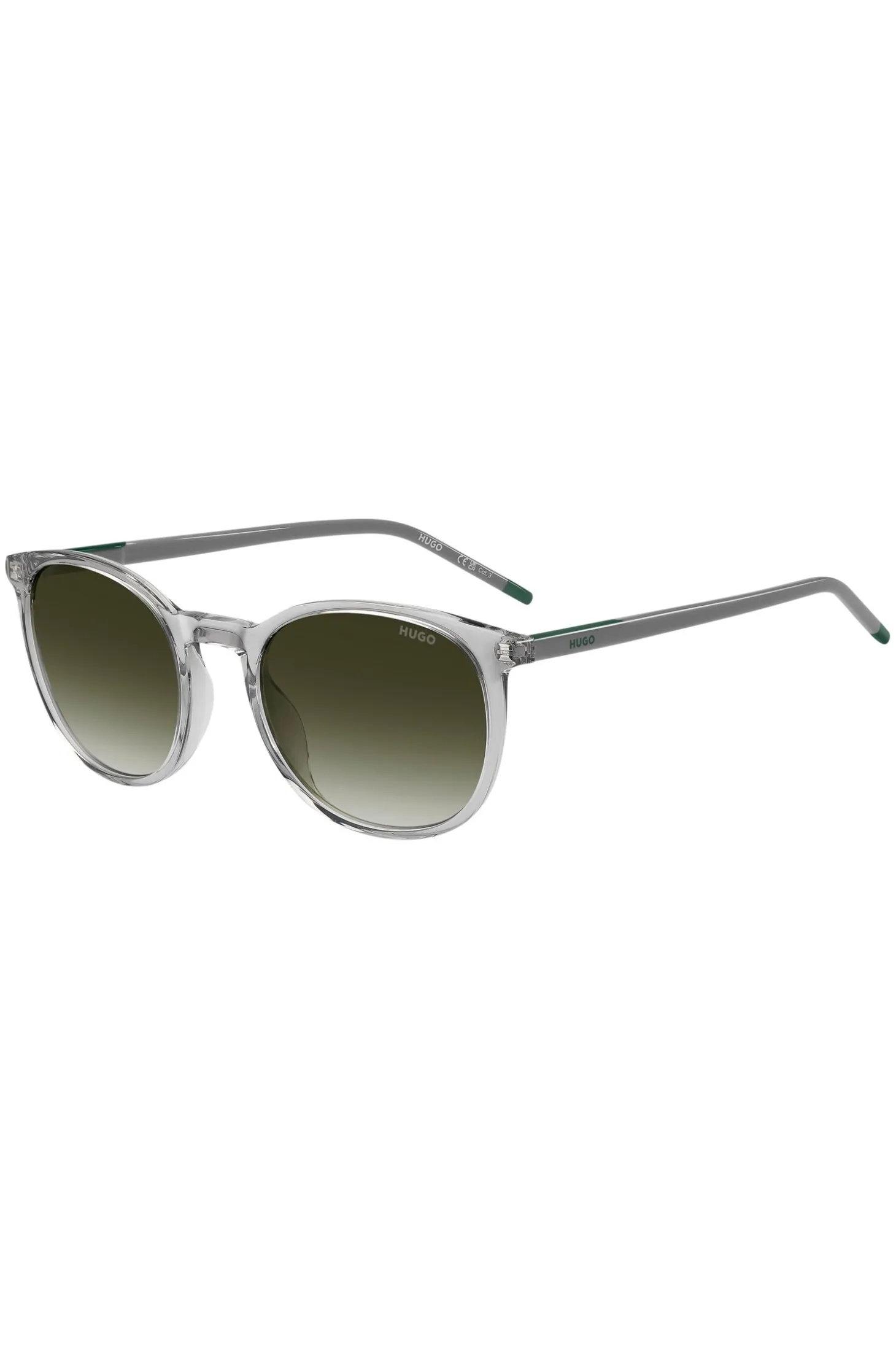 Transparent-graue Sonnenbrille mit grünem Logo