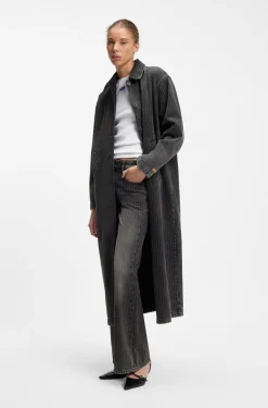 Trenchcoat aus schwarz gewaschenem Denim mit Nadelstreifen