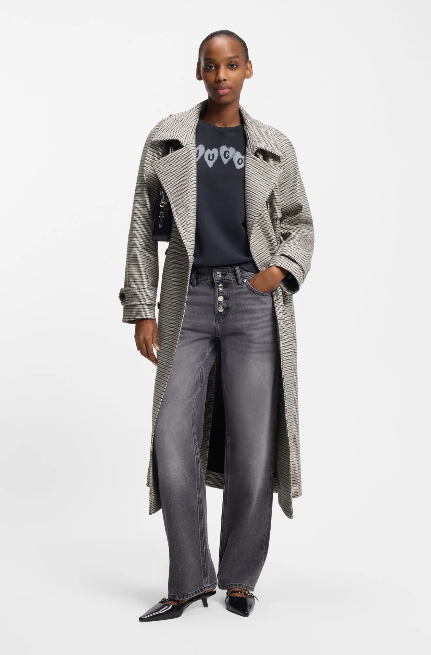 Trenchcoat mit Gürtel und Hahnentritt-Muster