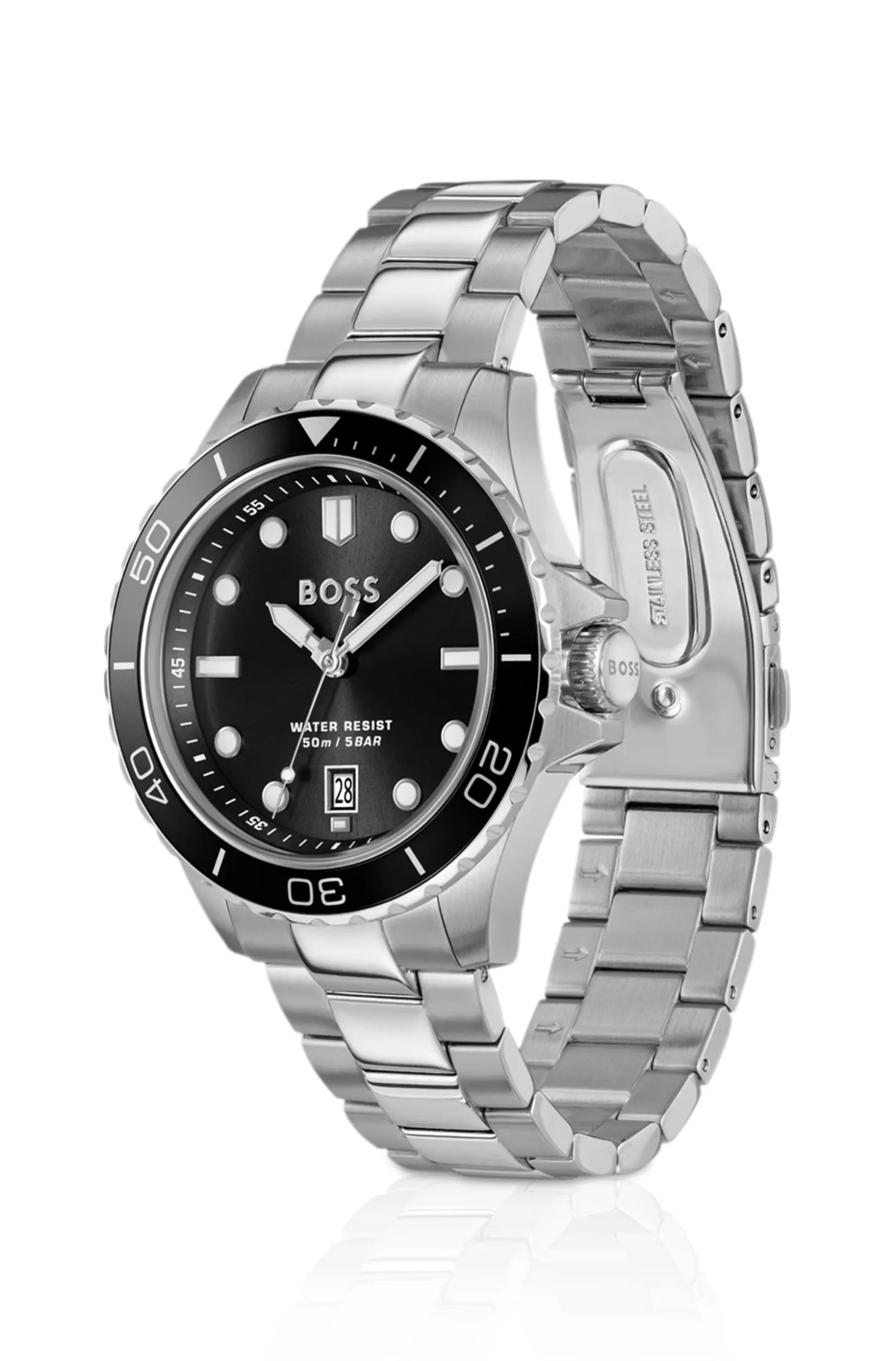 TROPER SPORT Uhr mit Edelstahlarmband und schwarzem Zifferblatt