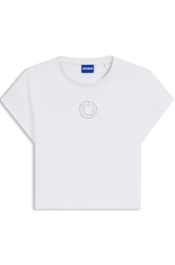 T-Shirt aus Stretch-Baumwolle in Cropped-Länge mit Happy HUGO Logo aus Strass
