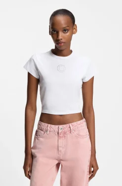 T-Shirt aus Stretch-Baumwolle in Cropped-Länge mit Happy HUGO Logo aus Strass