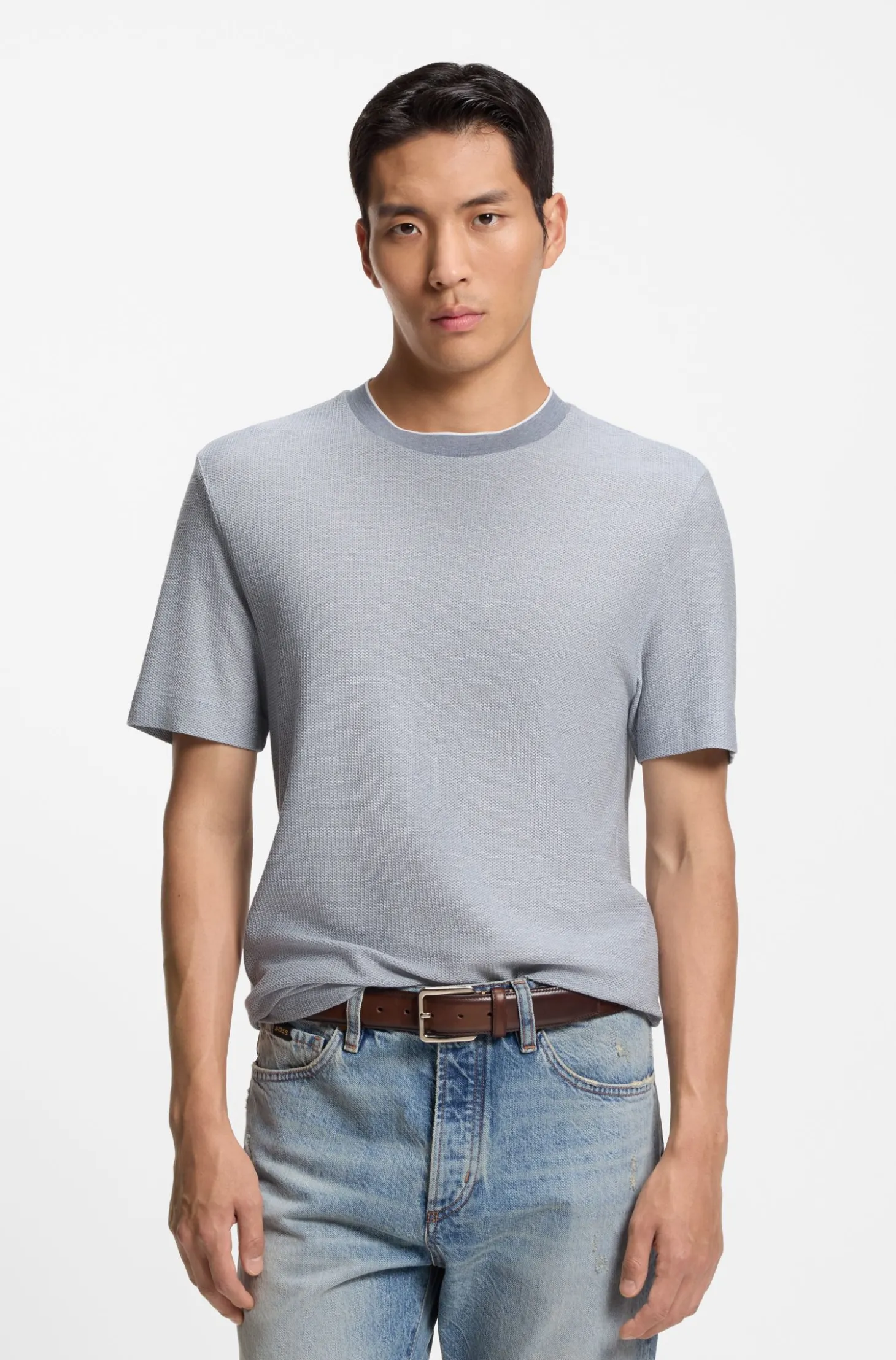 T-Shirt aus strukturiertem Baumwoll-Mix mit Seide