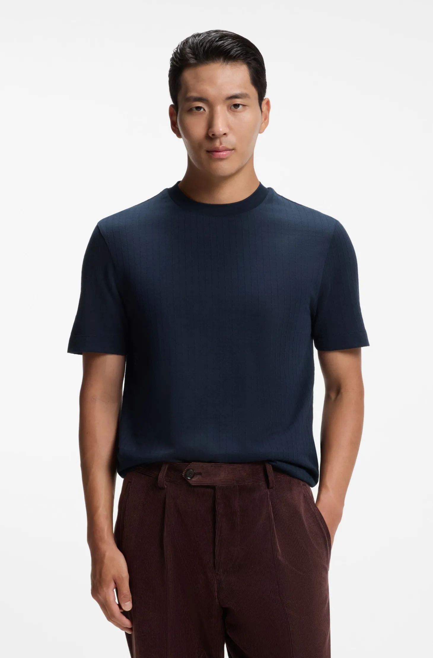 T-Shirt mit Windowpane-Karo aus Baumwoll-Mix mit Seide