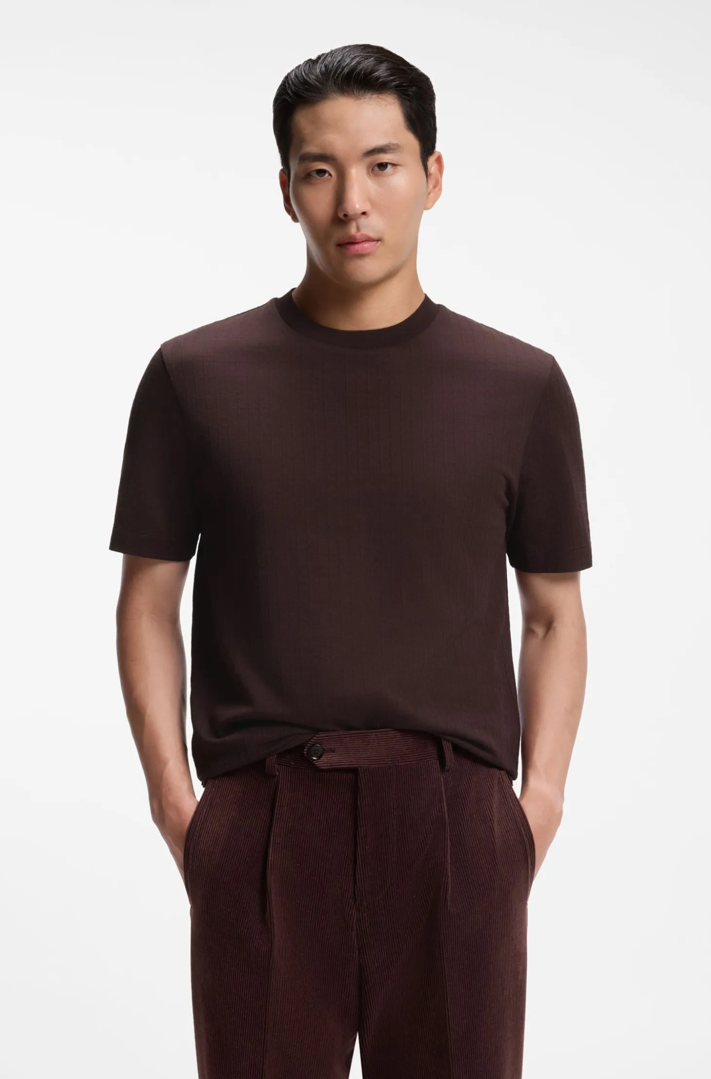 T-Shirt mit Windowpane-Karo aus Baumwoll-Mix mit Seide
