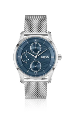 Uhr mit blauem Zifferblatt und Mesh-Armband
