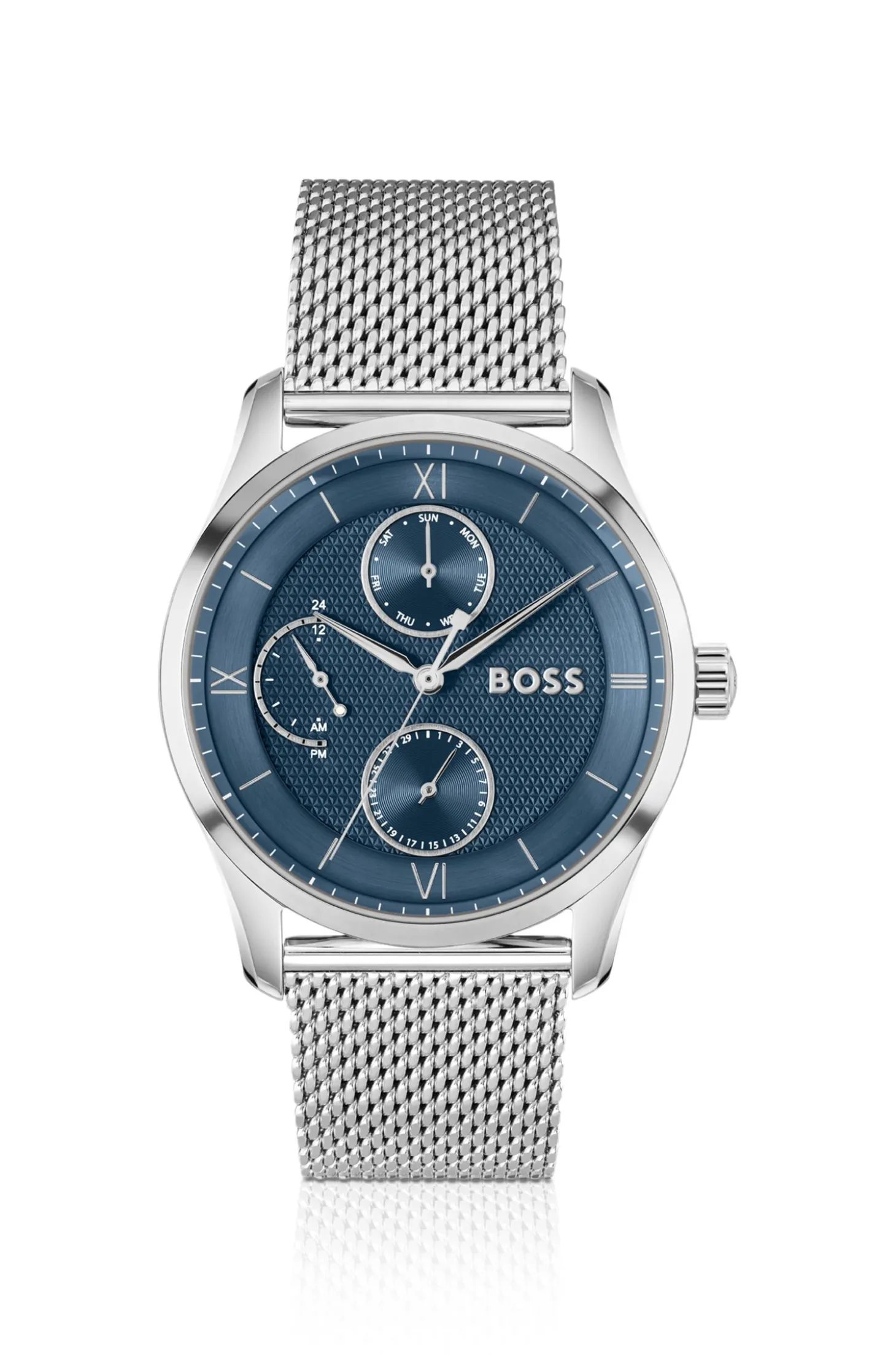 Uhr mit blauem Zifferblatt und Mesh-Armband