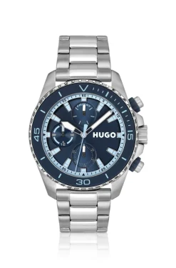 Uhr mit Gliederarmband und blauem Zifferblatt