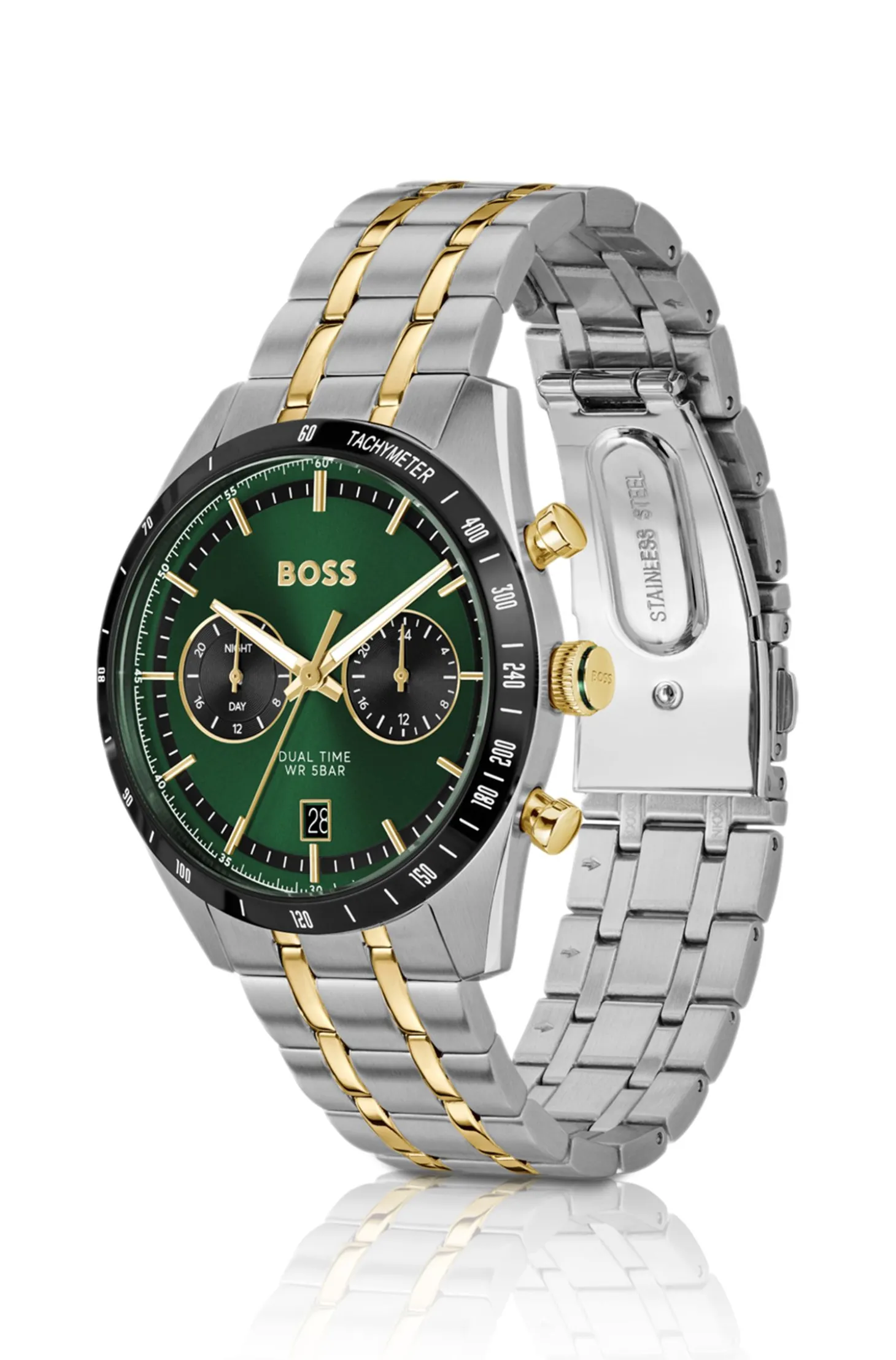 Uhr mit grünem Zifferblatt und zweifarbigem Armband