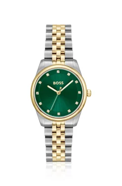 Uhr mit grünem Zifferblatt und zweifarbigem Armband