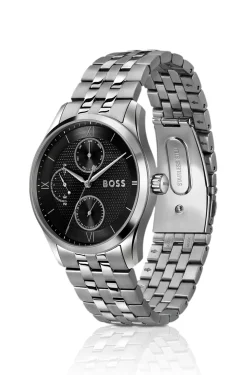 Uhr mit schwarzem Zifferblatt und Gliederarmband