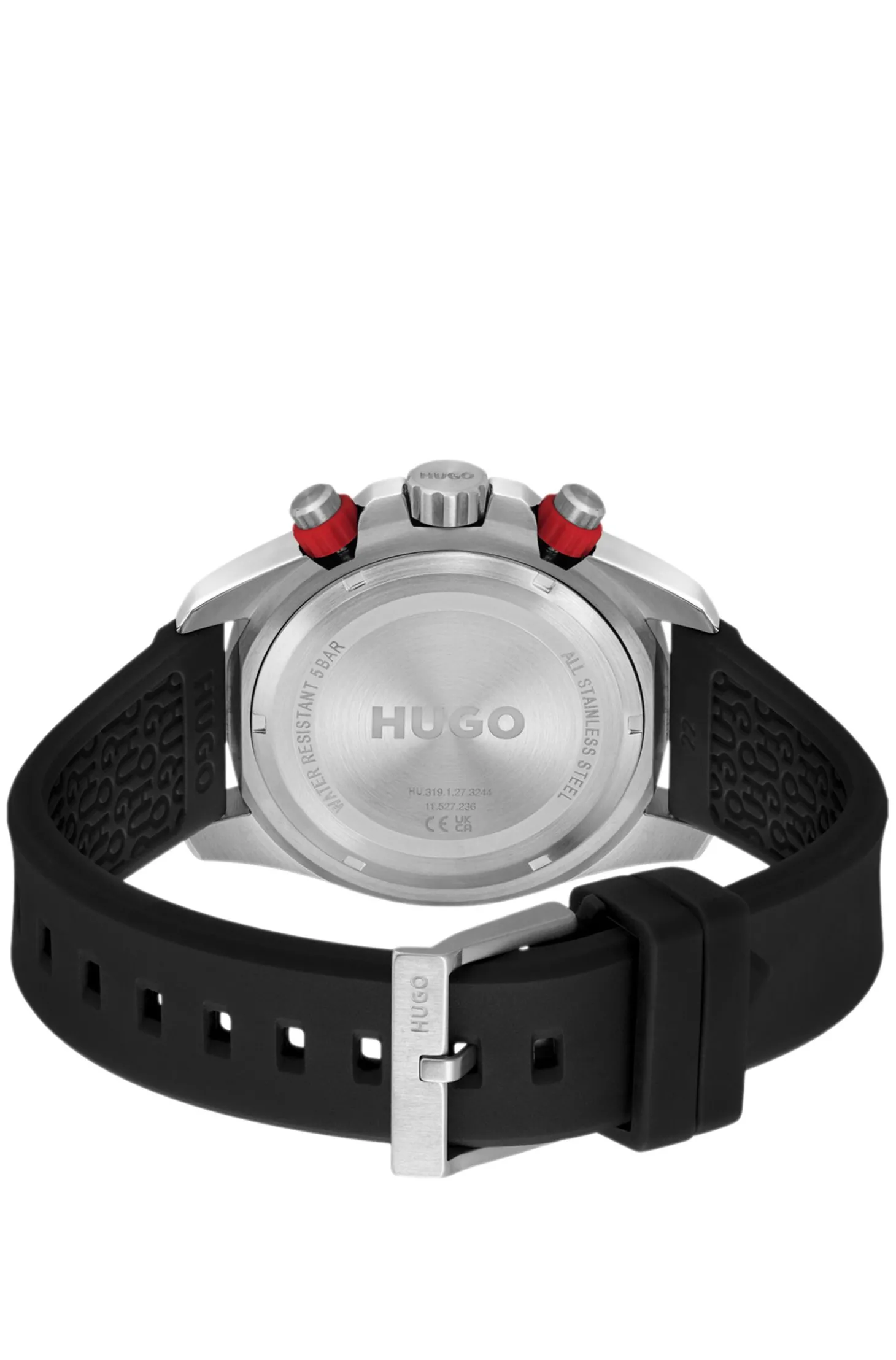 Uhr mit schwarzem Zifferblatt und Logo auf dem Silikonarmband