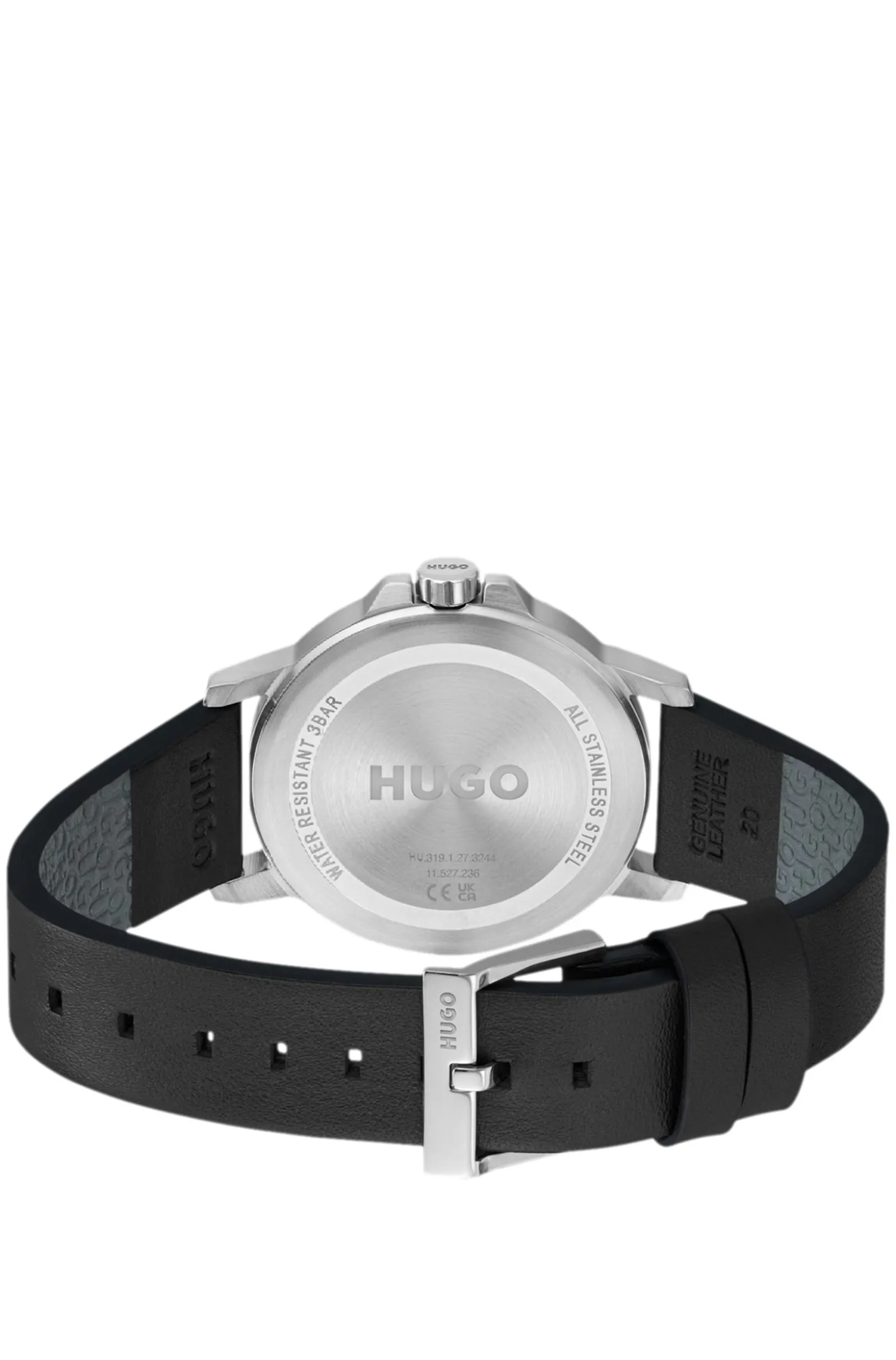 Uhr mit schwarzem Zifferblatt und Lederarmband
