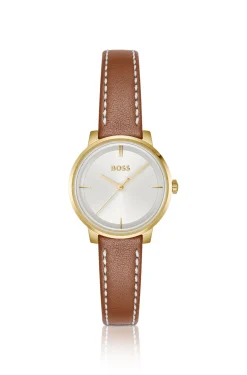 Uhr mit silber-weißem Zifferblatt und Lederarmband