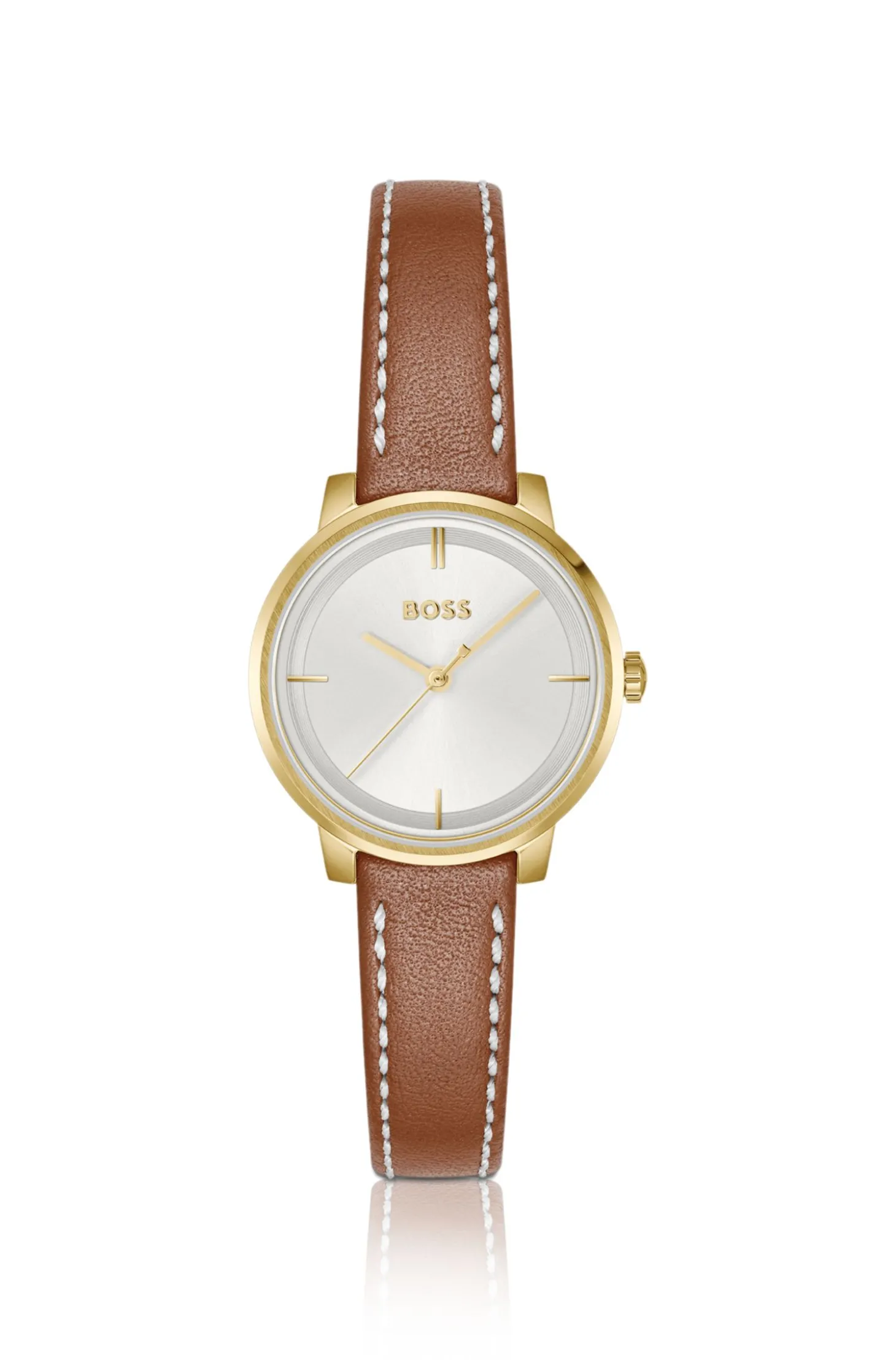 Uhr mit silber-weißem Zifferblatt und Lederarmband