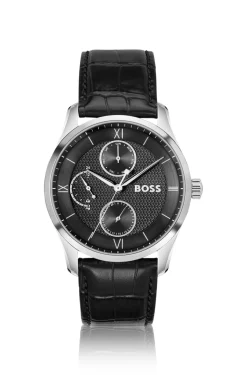 Uhr mit strukturiertem Zifferblatt und Lederarmband in Schwarz