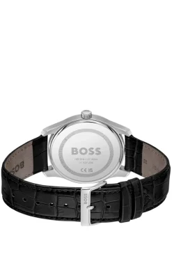 Uhr mit strukturiertem Zifferblatt und Lederarmband in Schwarz