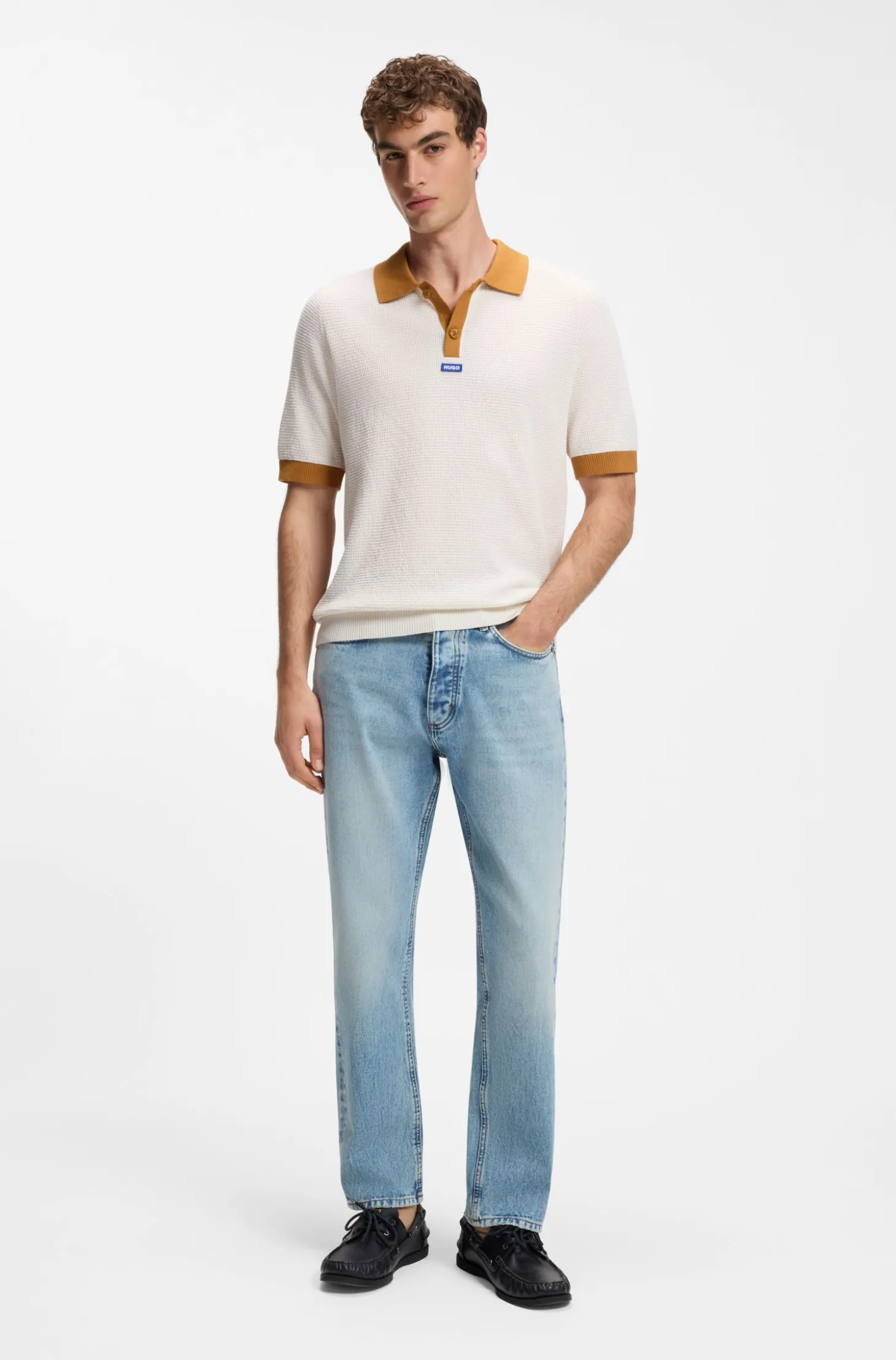 Waffelstrick-Poloshirt aus Baumwolle mit Kontrast-Details