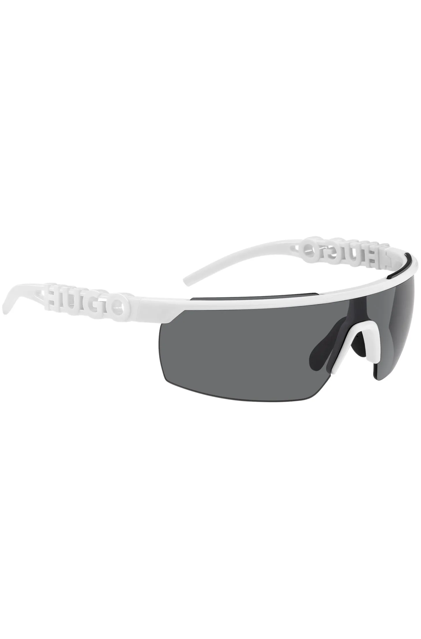 Weiße Sonnenbrille im Masken-Stil mit 3D-Logo auf den Bügeln