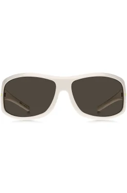Weiße Sonnenbrille im Masken-Stil mit goldfarbenen Metalldetails