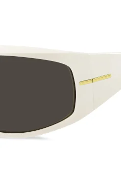 Weiße Sonnenbrille im Masken-Stil mit goldfarbenen Metalldetails
