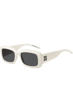 Weiße Sonnenbrille mit Stack-Logo an den Bügeln