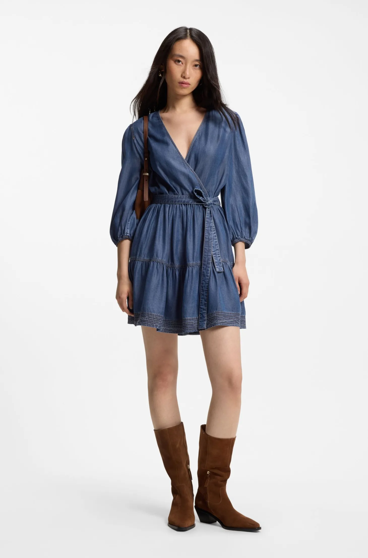 Wickelkleid in Denim-Optik mit Ballonärmeln