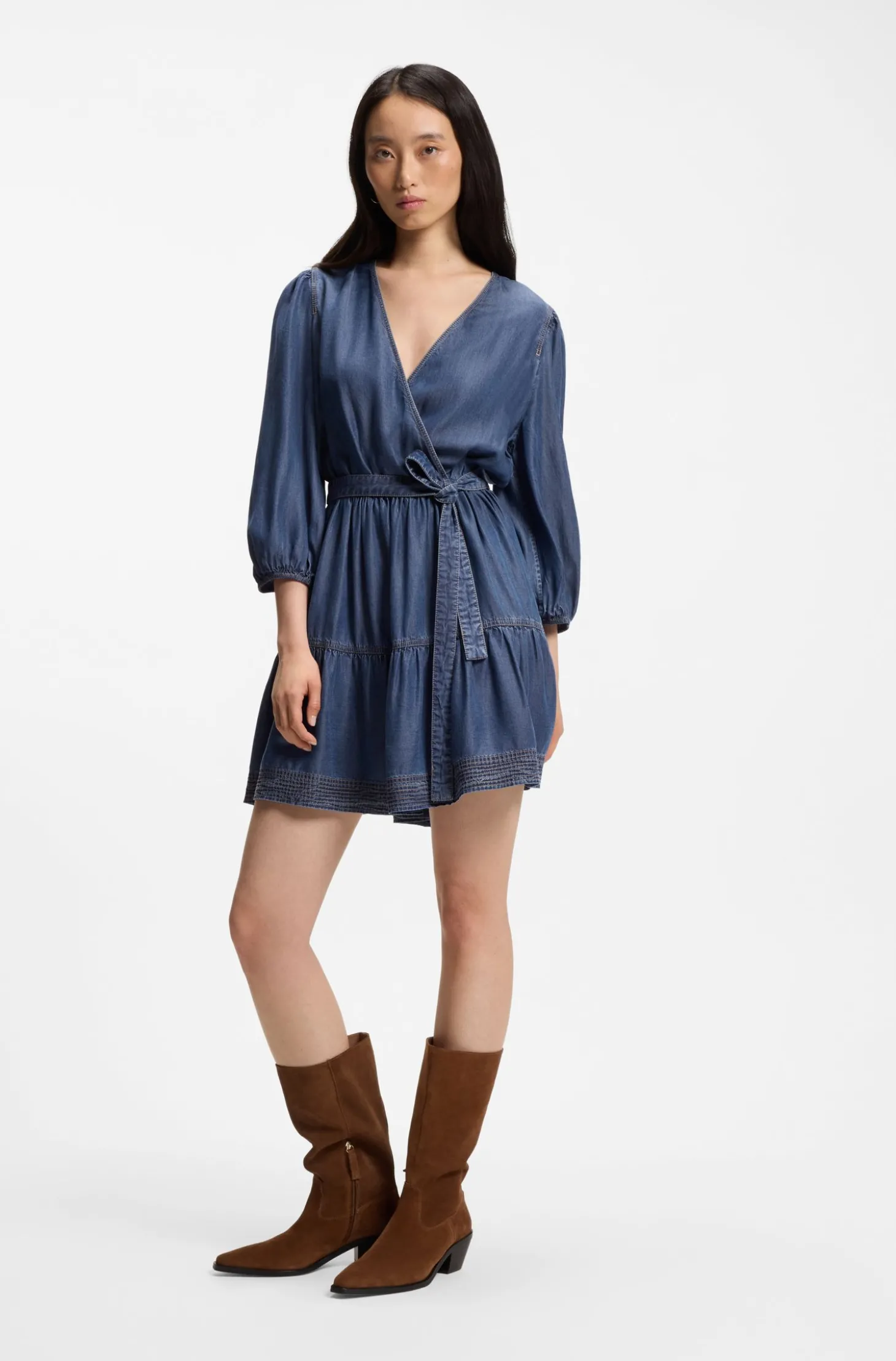 Wickelkleid in Denim-Optik mit Ballonärmeln